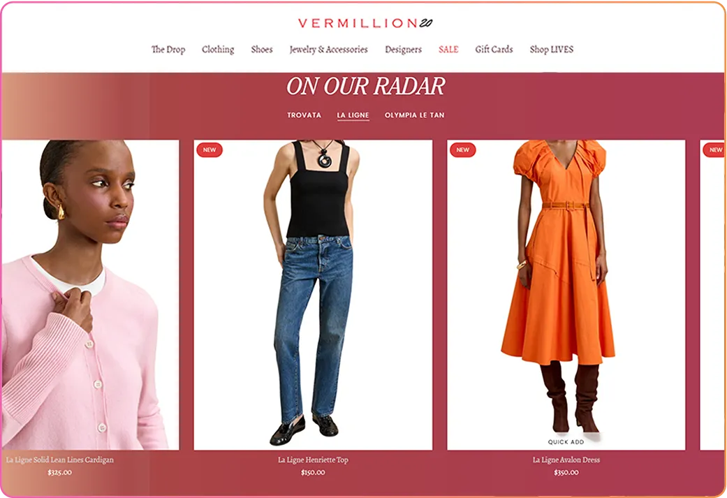 Online fashion store Vermillion20 featuring a pink cardigan, black tank top with jeans, and an orange midi dress with boots.